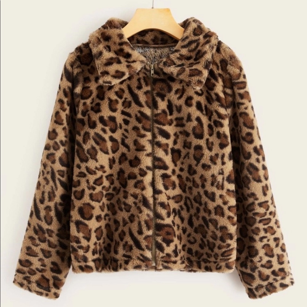 Leopard collar zip up teddy jacket